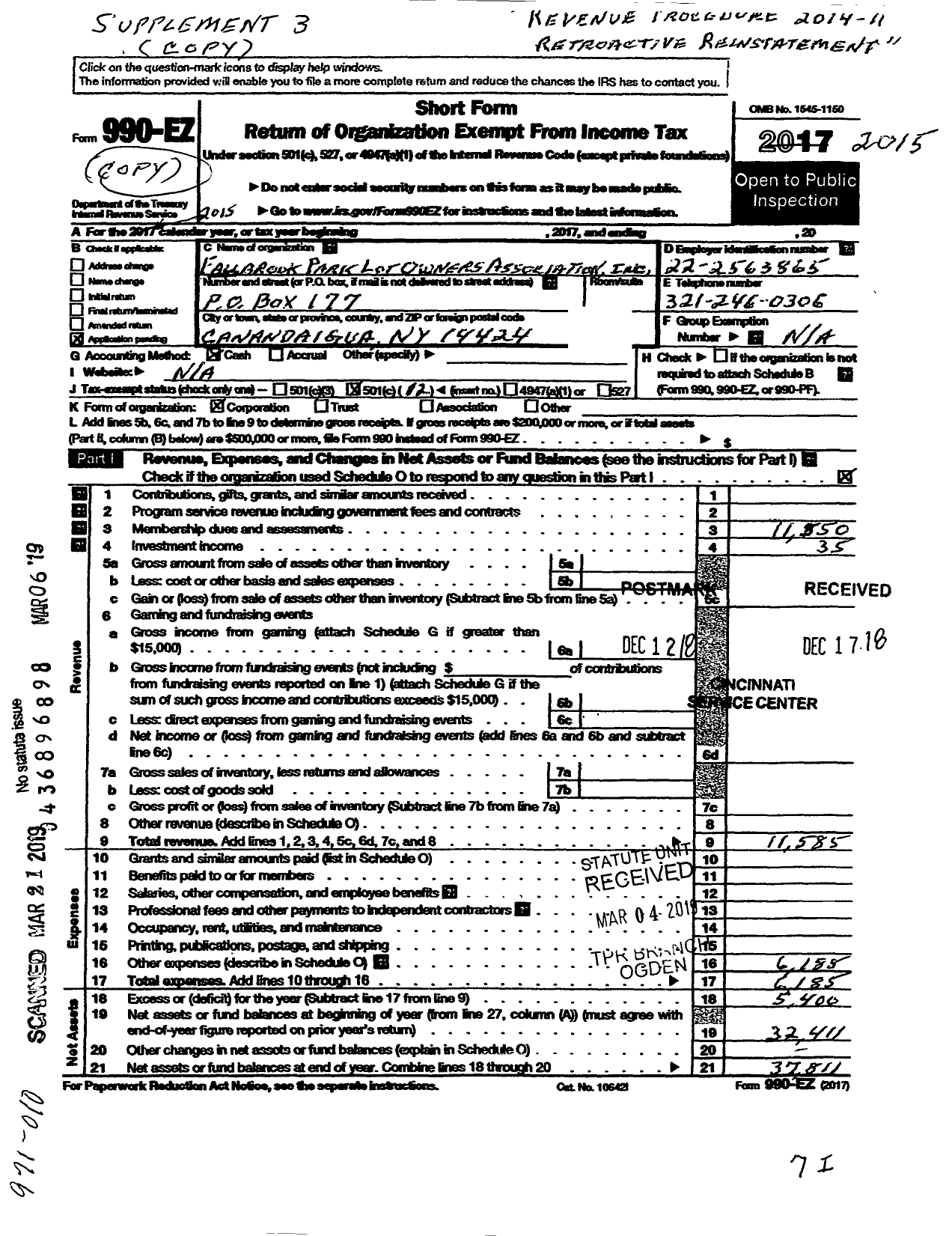 Image of first page of 2015 Form 990EOA for Fall Brook Park Lot Owners Association