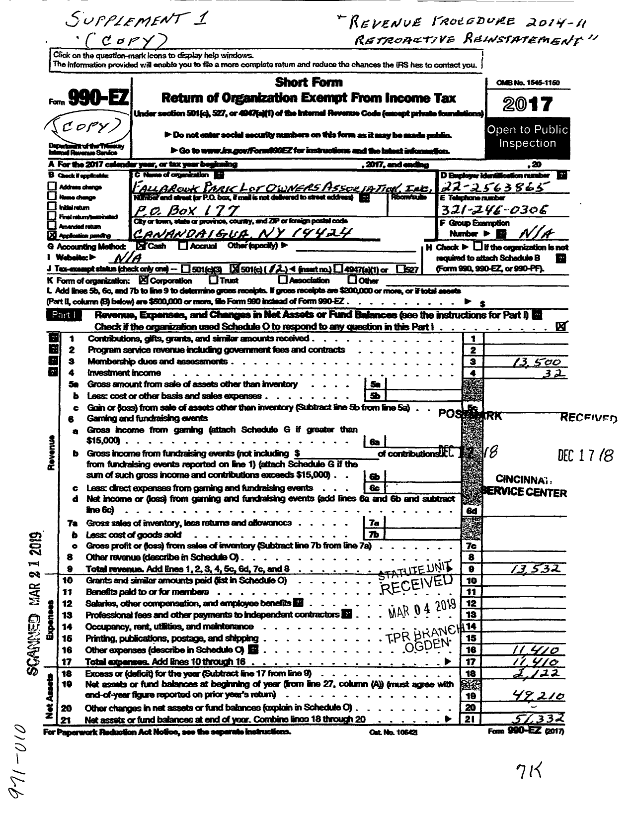 Image of first page of 2017 Form 990EOA for Fall Brook Park Lot Owners Association