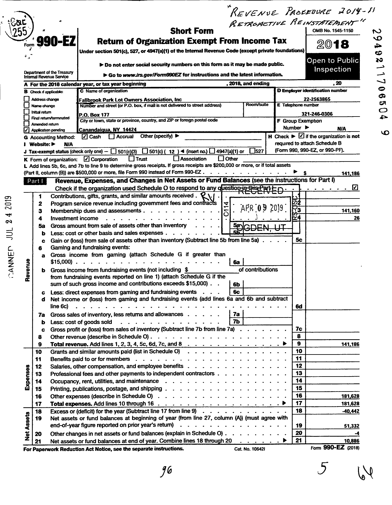 Image of first page of 2018 Form 990EO for Fall Brook Park Lot Owners Association