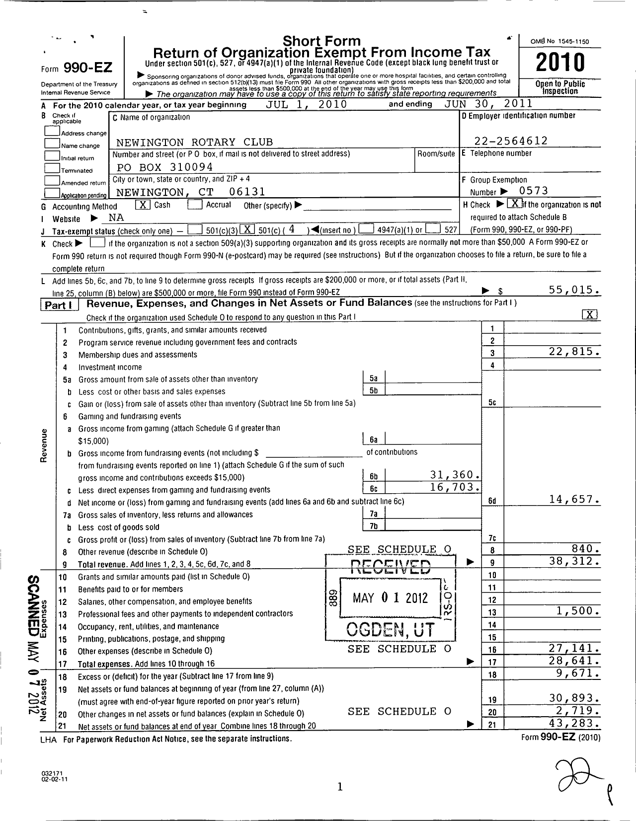 Image of first page of 2010 Form 990EO for Rotary International - Rotary Intl Newington