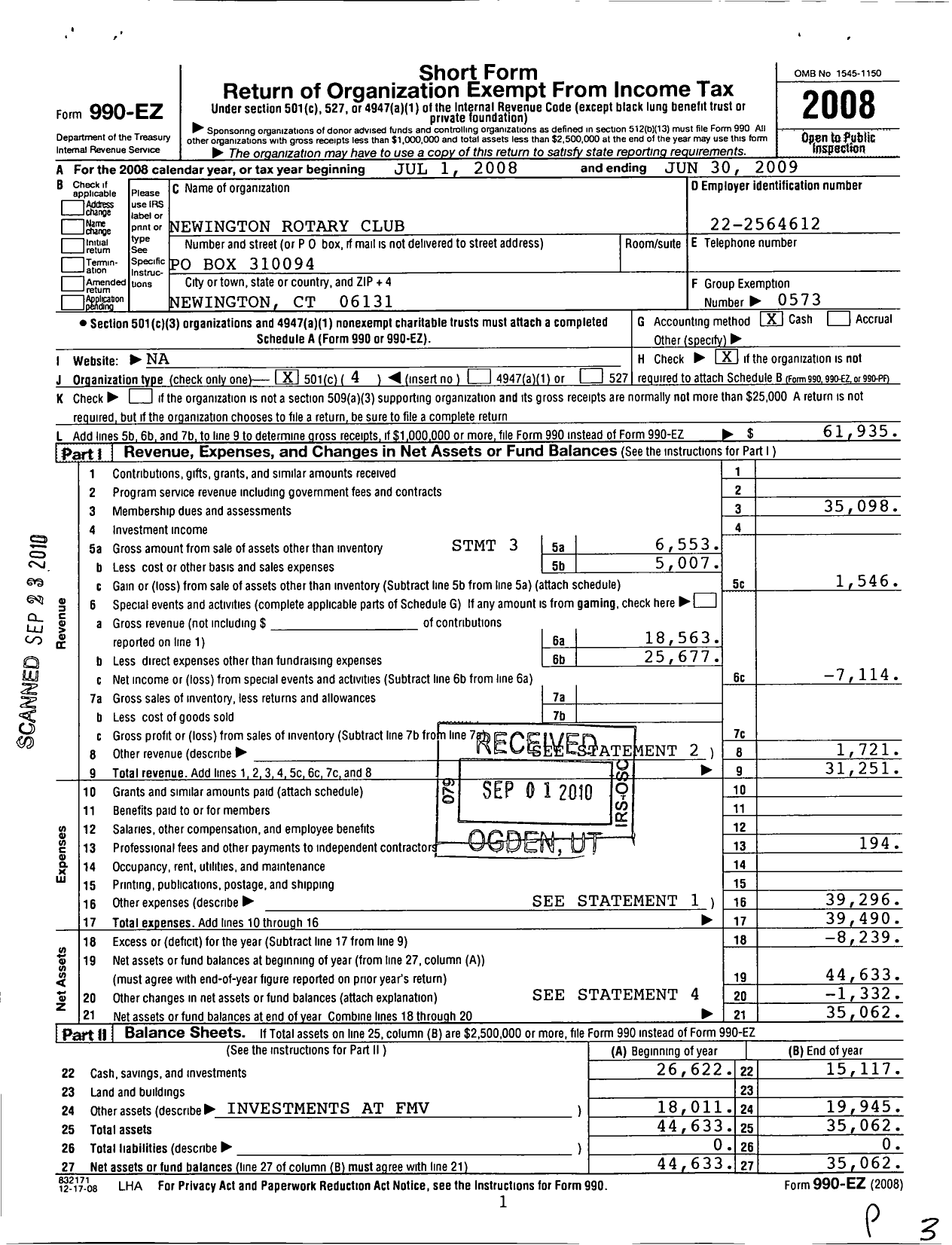 Image of first page of 2008 Form 990EO for Rotary International - Rotary Intl Newington