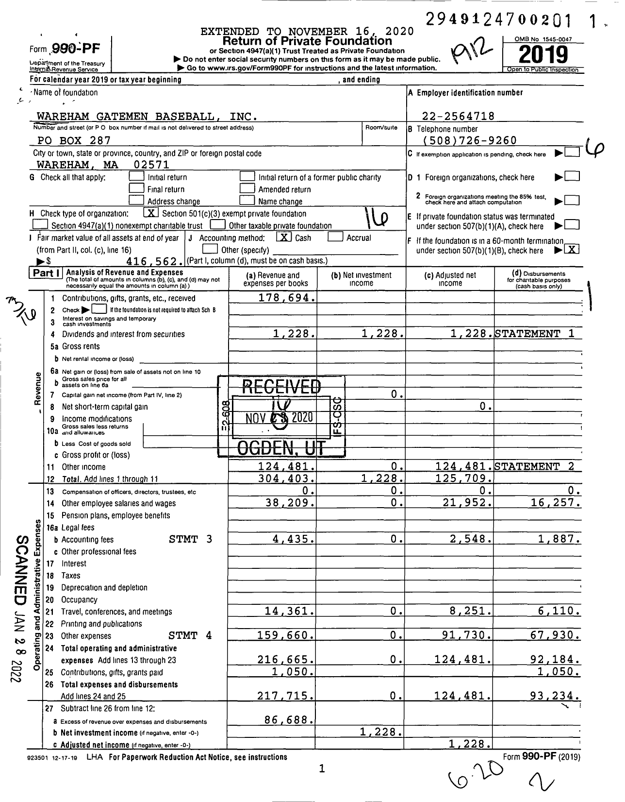 Image of first page of 2019 Form 990PF for Wareham Gatemen Baseball