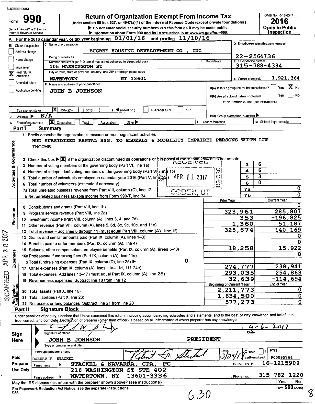 Image of first page of 2015 Form 990 for Bugbee Housing Development