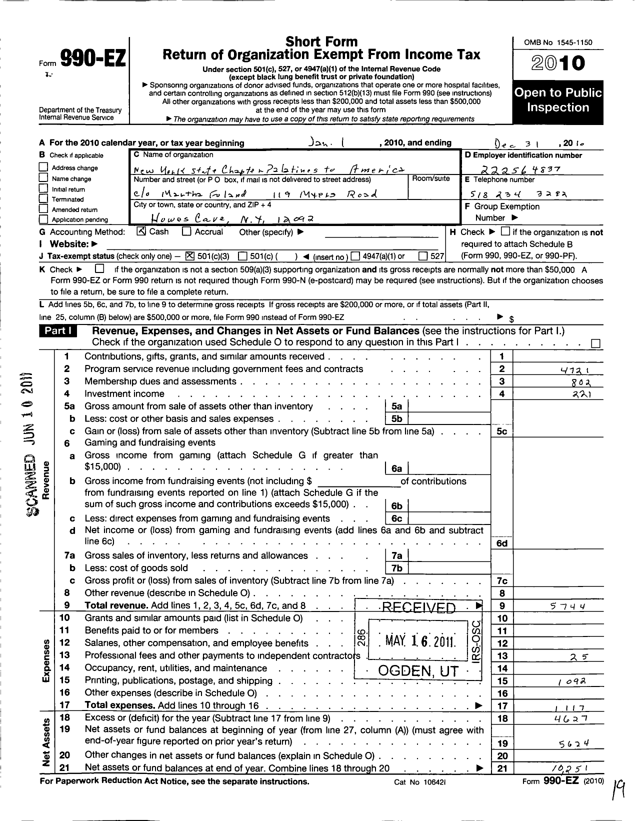 Image of first page of 2010 Form 990EZ for Palatines To America / New York Chapter