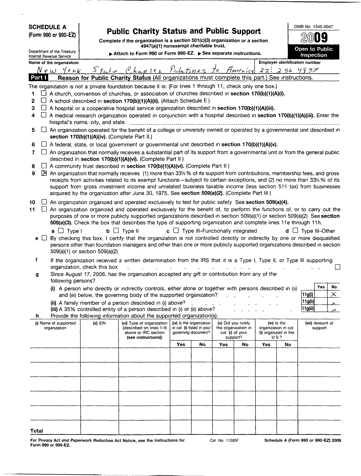 Image of first page of 2009 Form 990ER for Palatines To America / New York Chapter