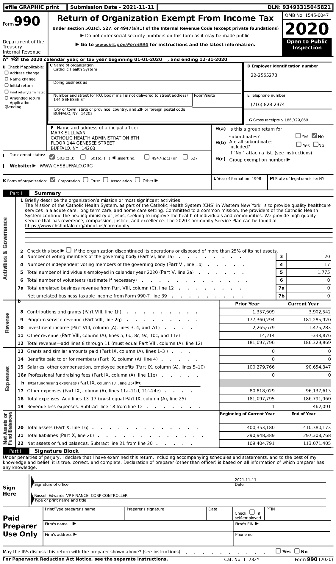 Image of first page of 2020 Form 990 for Catholic Health System