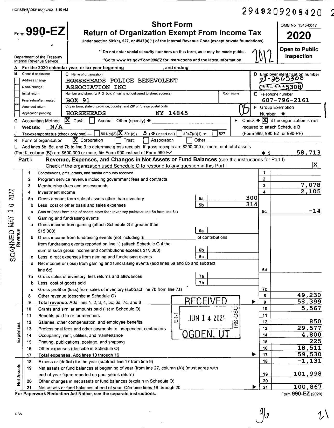Image of first page of 2020 Form 990EO for Horseheads Police Benevolent Association