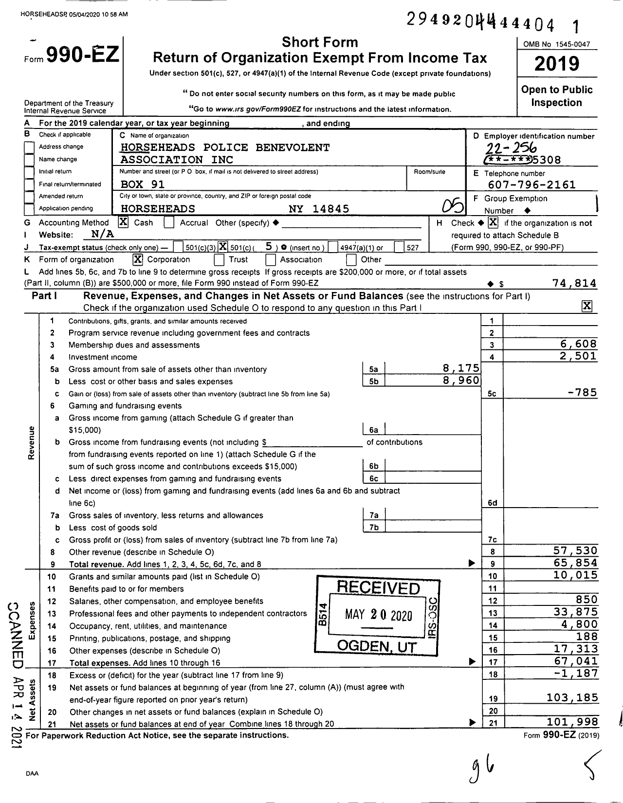 Image of first page of 2019 Form 990EO for Horseheads Police Benevolent Association