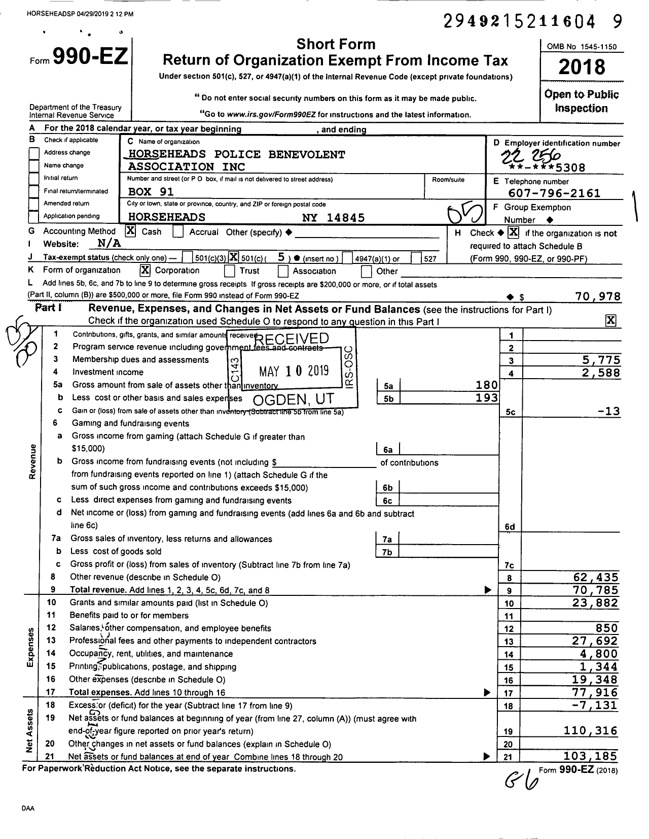 Image of first page of 2018 Form 990EO for Horseheads Police Benevolent Association