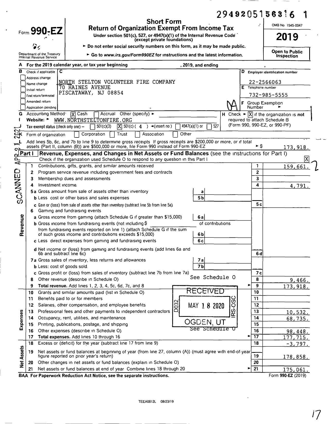 Image of first page of 2019 Form 990EO for North Stelton Volunteer Fire Company