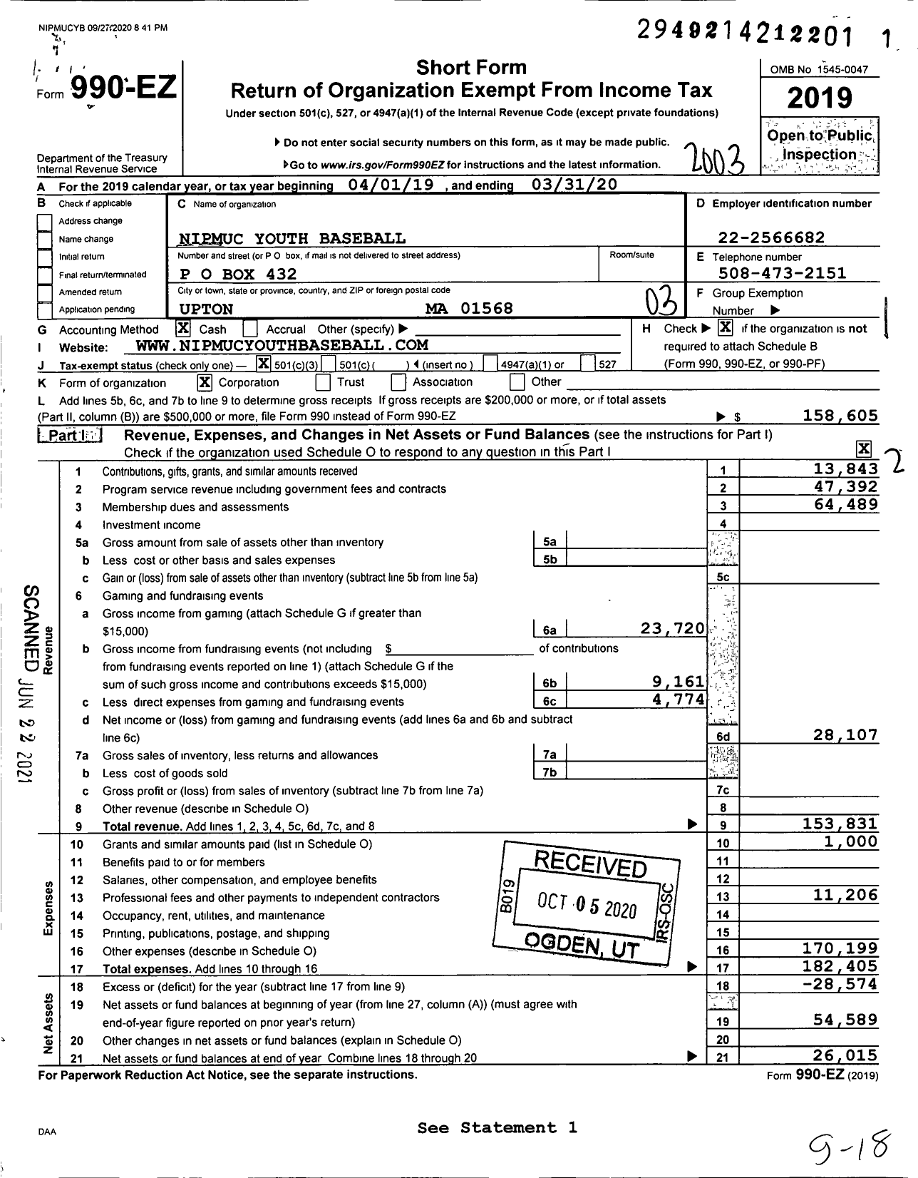 Image of first page of 2019 Form 990EZ for Nipmuc Youth Baseball