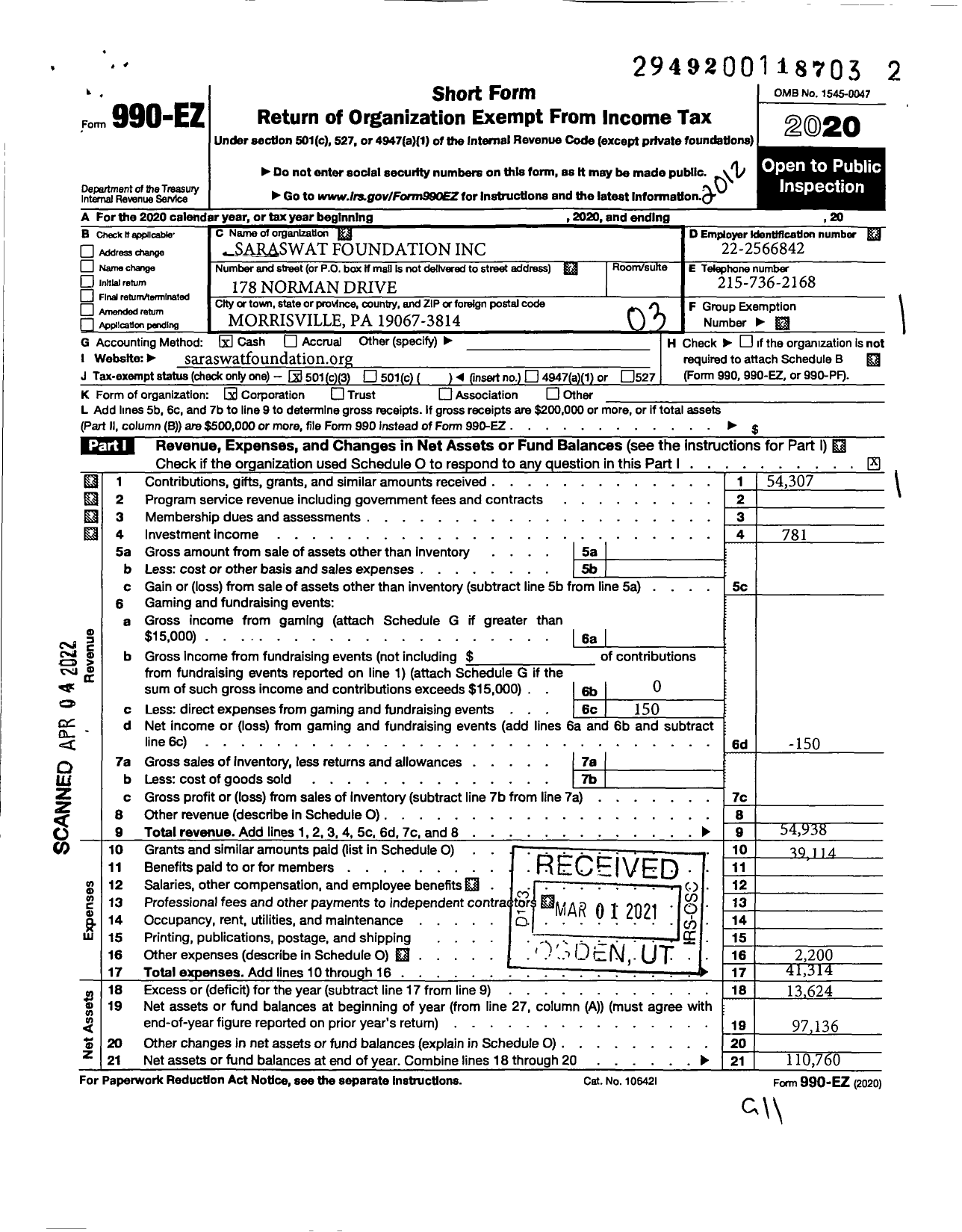 Image of first page of 2020 Form 990EZ for Saraswat Foundation