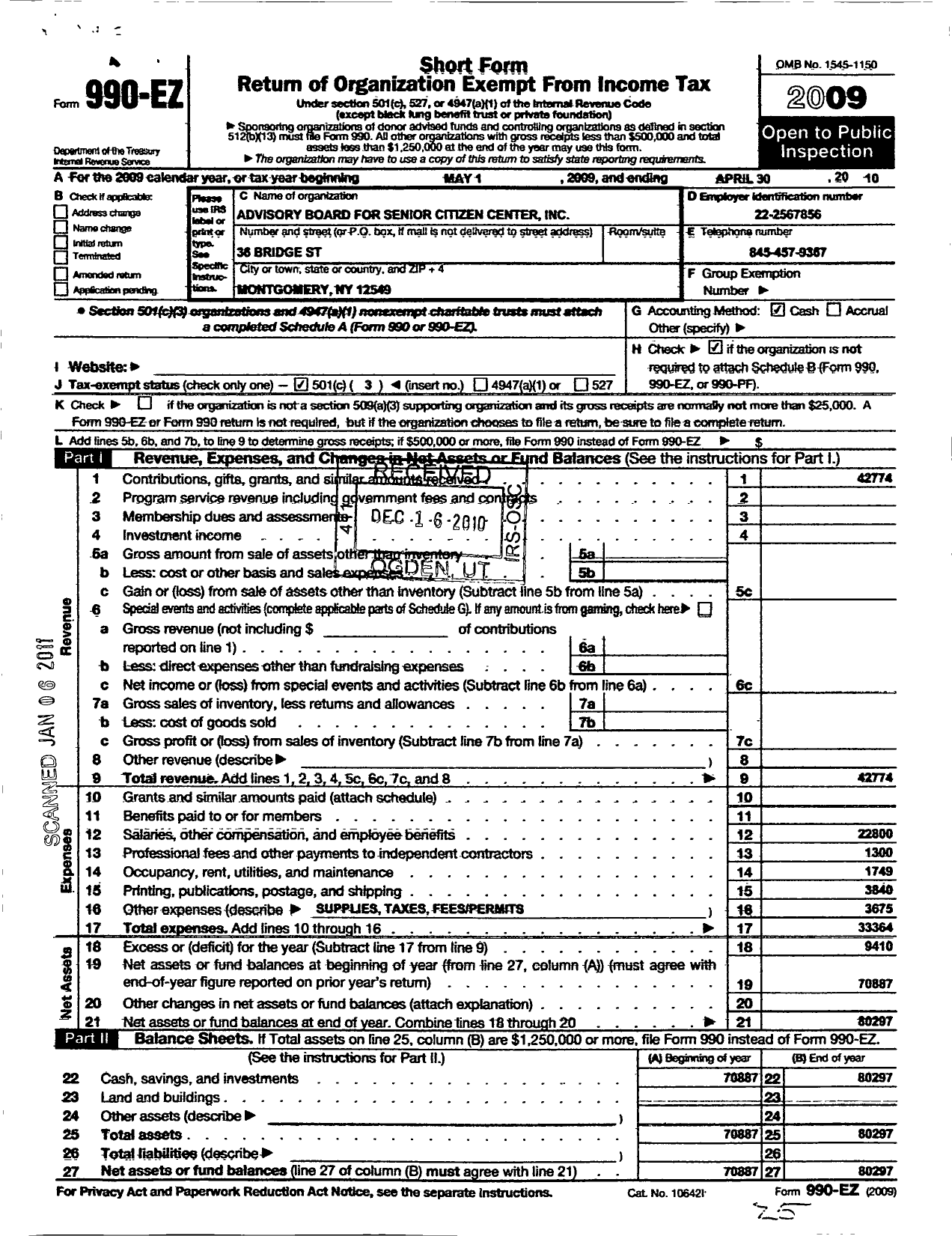 Image of first page of 2009 Form 990EZ for Advisory Board for Seniors Citizen Center