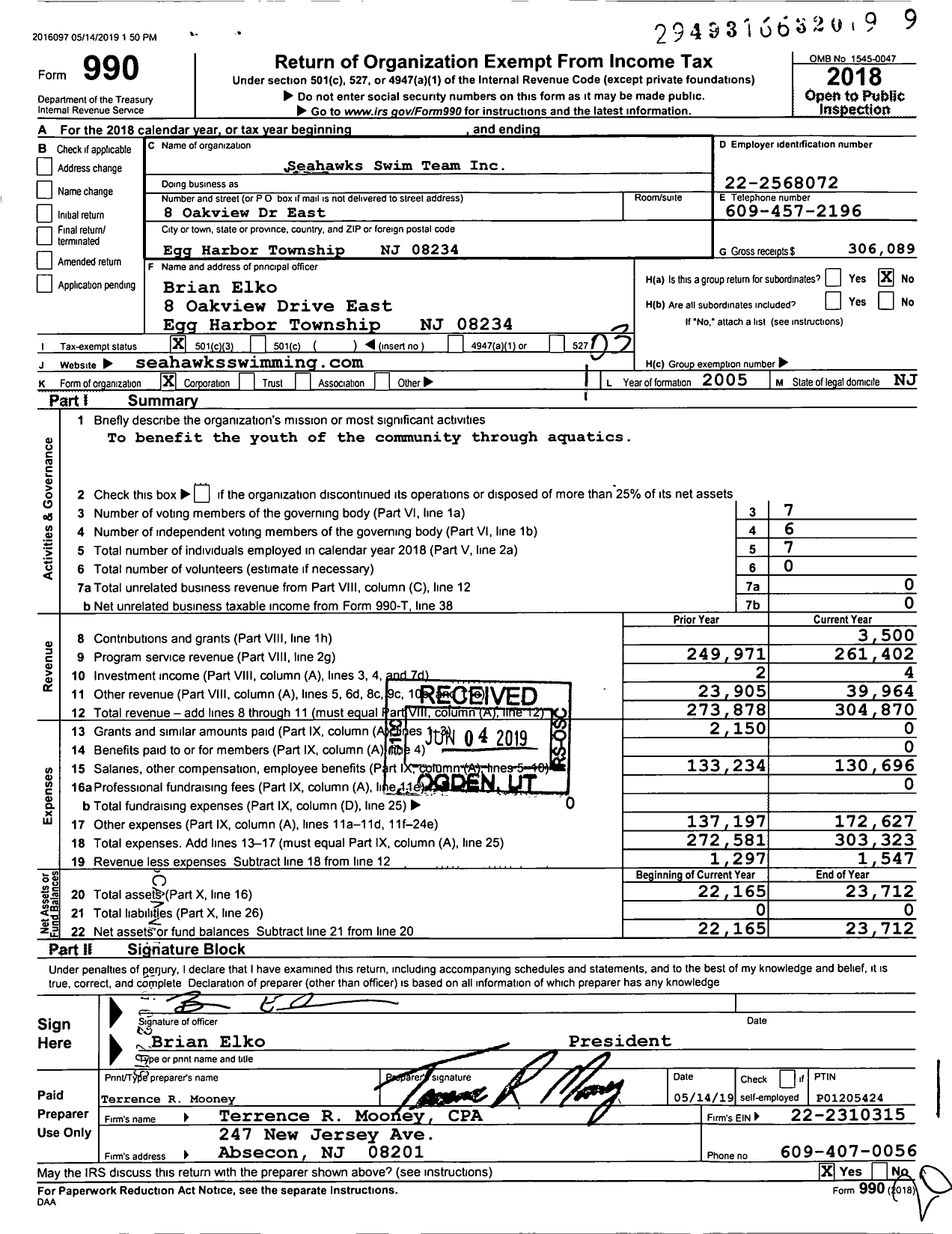 Image of first page of 2018 Form 990 for Seahawks Swim Team