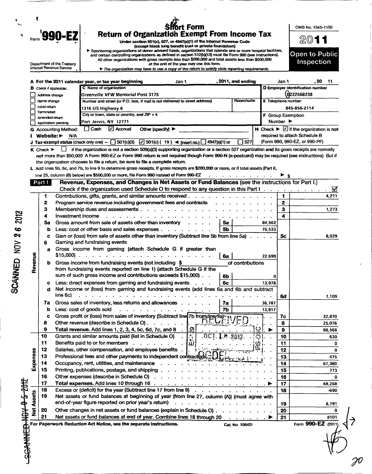 Image of first page of 2010 Form 990EO for Department of Ny VFW - 3175 Greenville Memorial Post