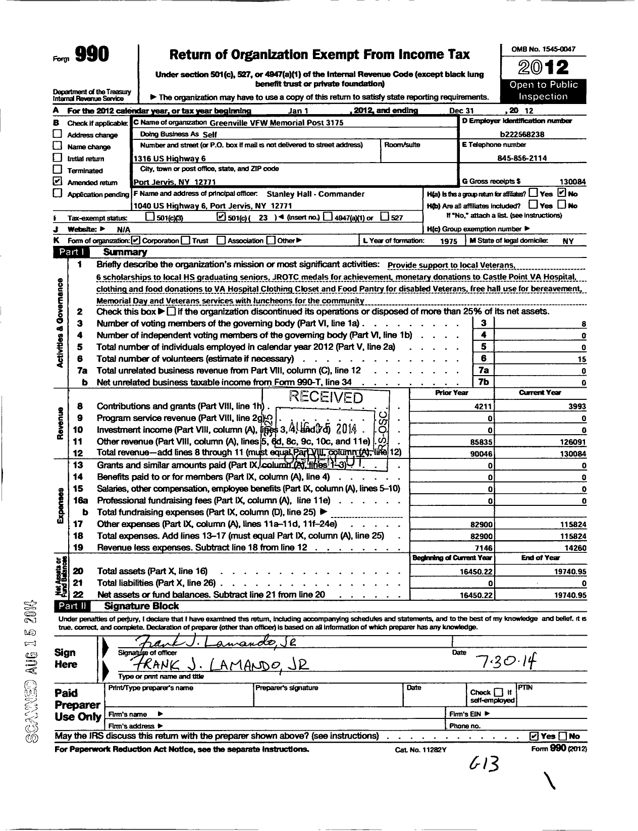 Image of first page of 2012 Form 990O for Department of Ny VFW - 3175 Greenville Memorial Post