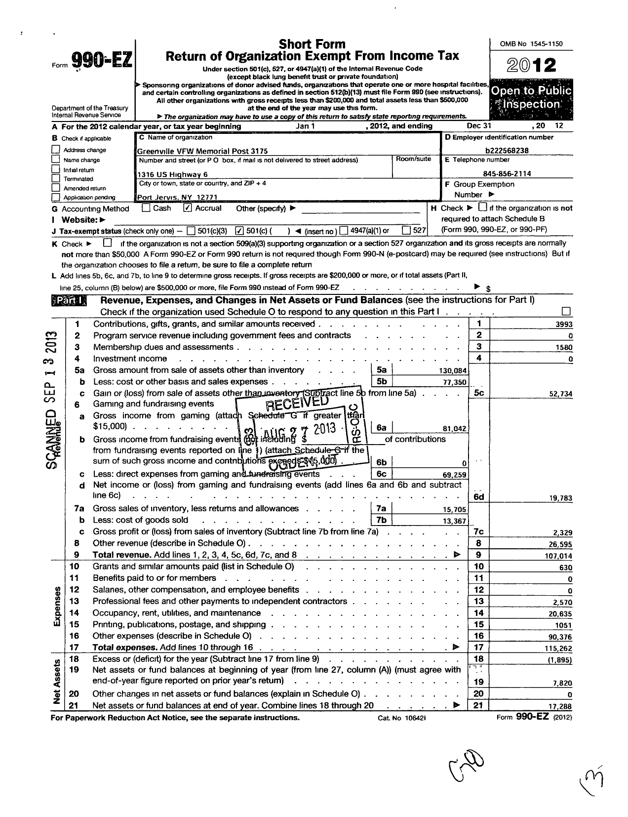 Image of first page of 2012 Form 990EO for Department of Ny VFW - 3175 Greenville Memorial Post