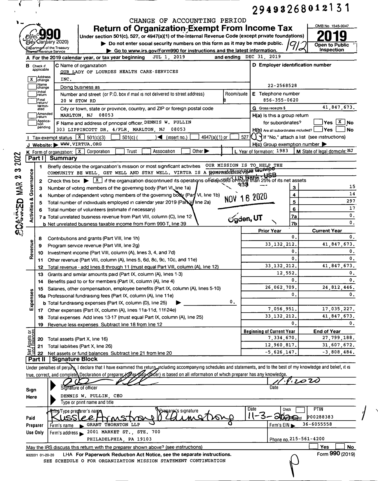 Image of first page of 2019 Form 990 for Our Lady of Lourdes Health Care Services