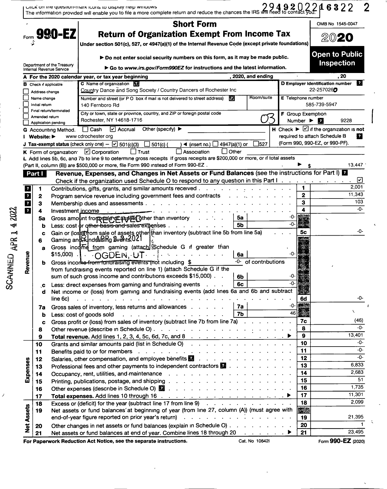 Image of first page of 2020 Form 990EZ for COUNTRY Dancers of Rochester