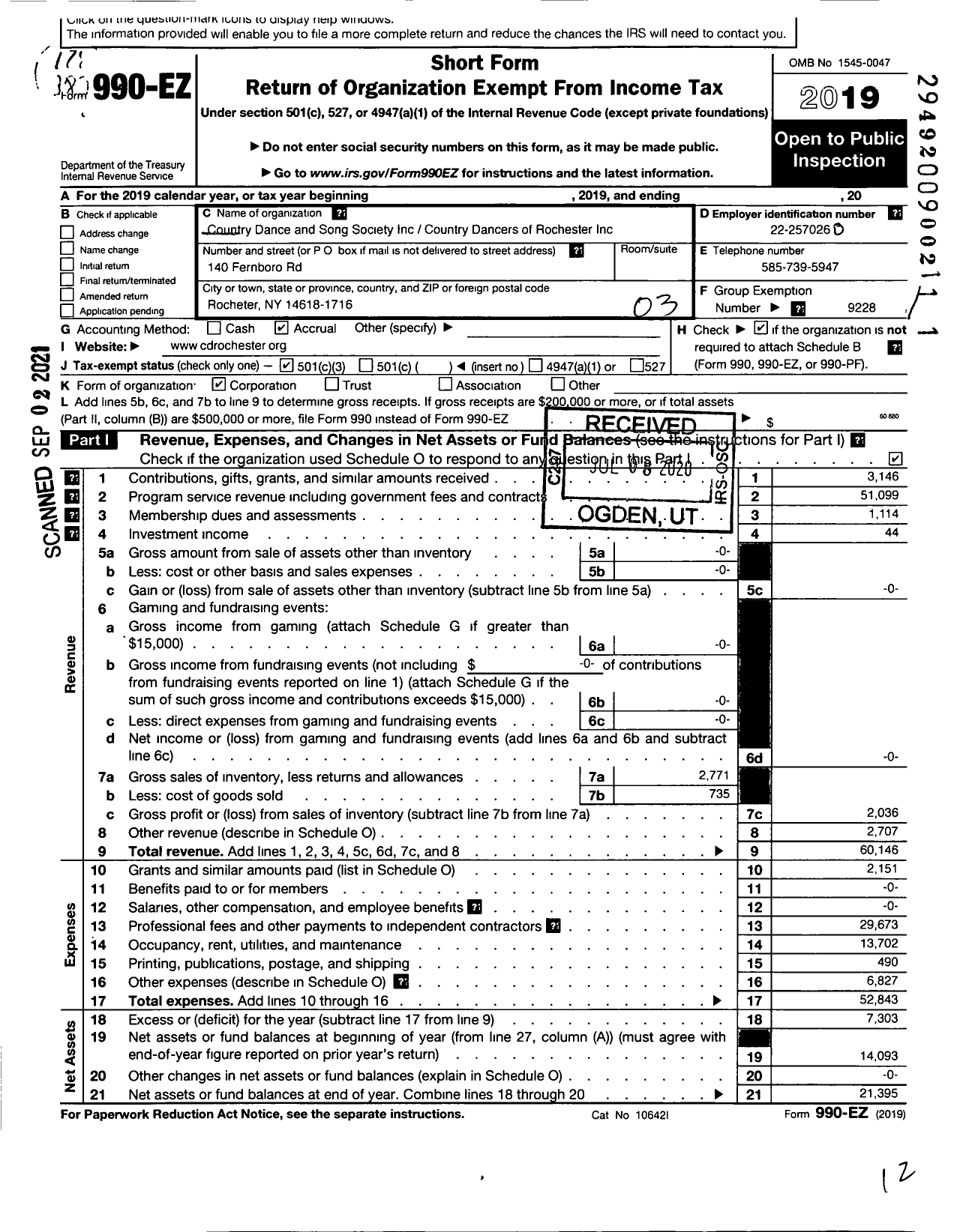 Image of first page of 2019 Form 990EZ for COUNTRY Dancers of Rochester