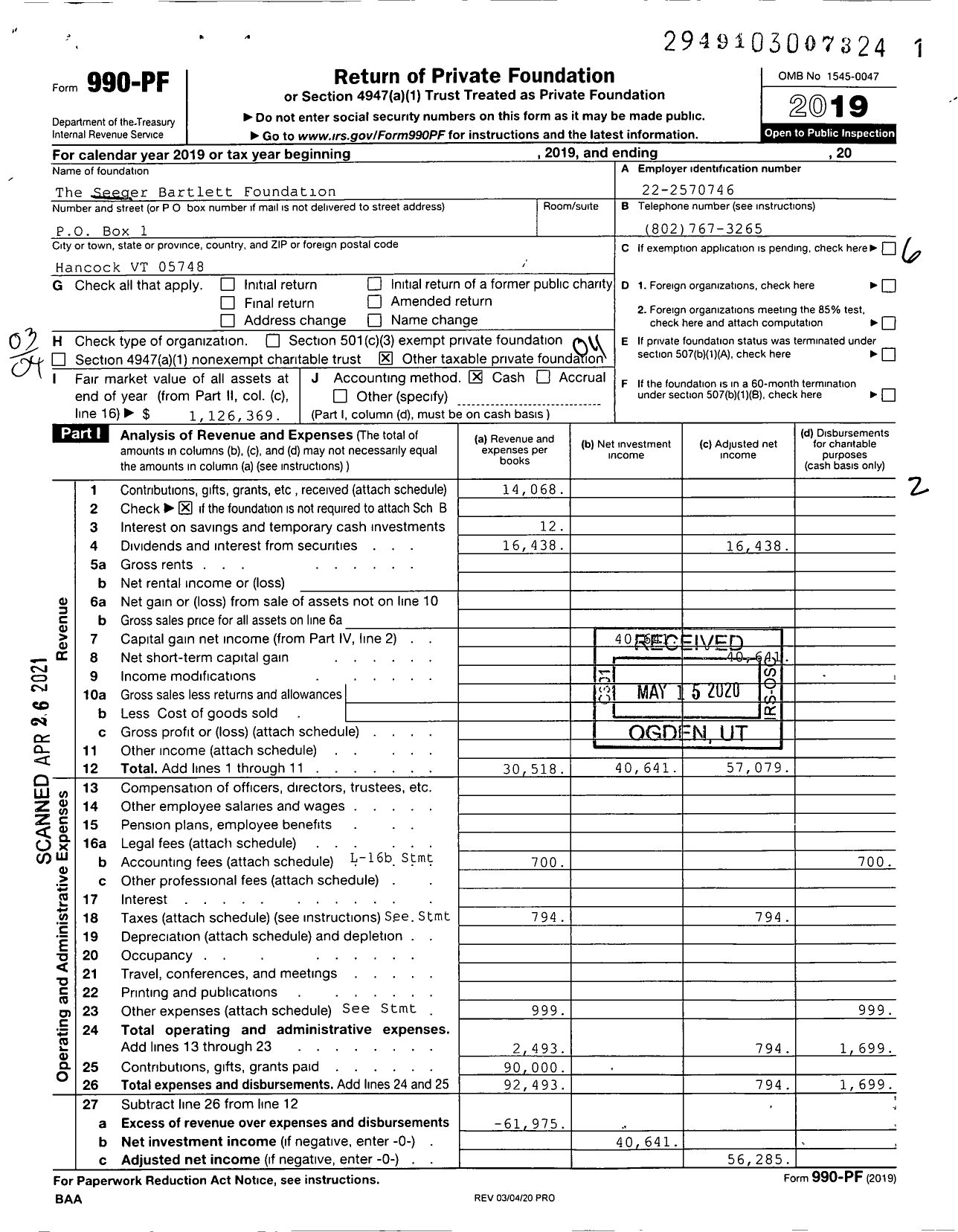 Image of first page of 2019 Form 990PF for The Seeger Bartlett Foundation