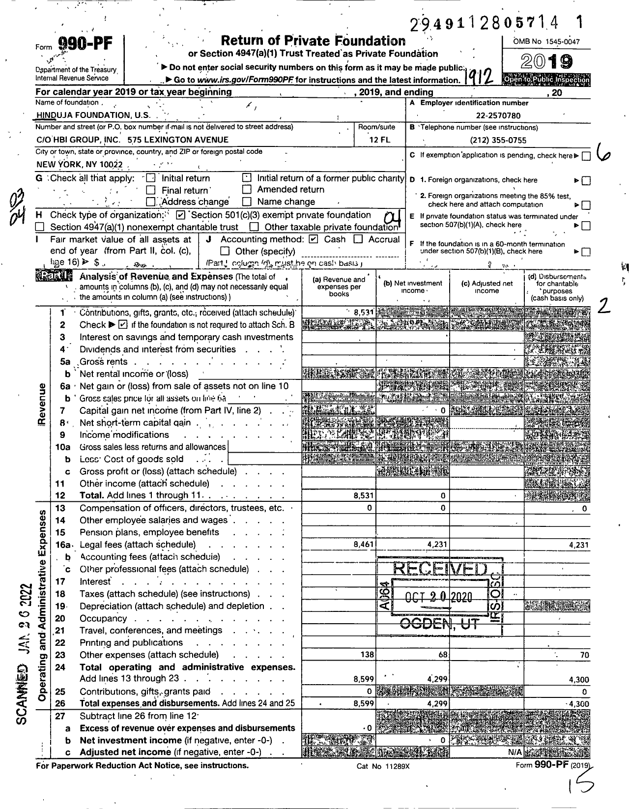 Image of first page of 2019 Form 990PF for Hinduja Foundation U S