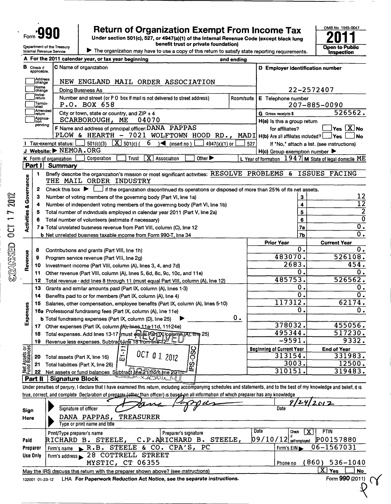 Image of first page of 2011 Form 990O for New England Mail Order Association