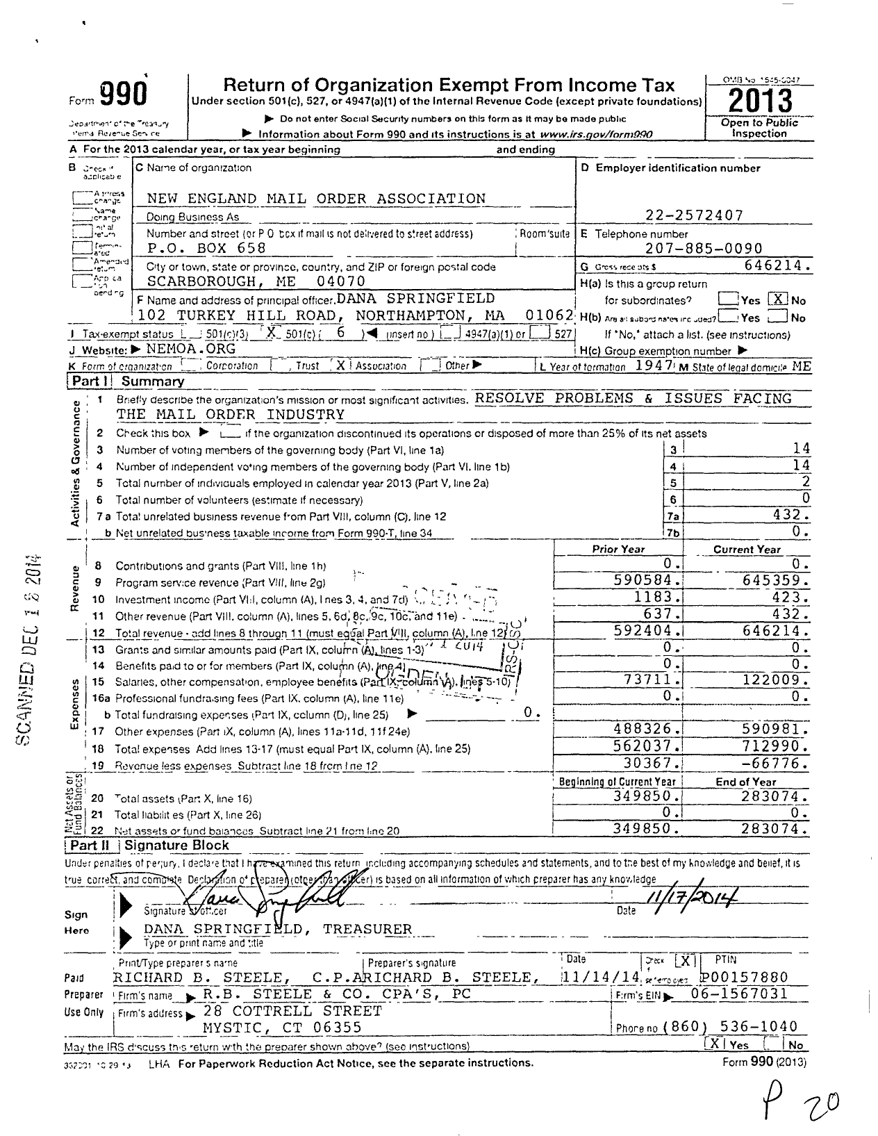 Image of first page of 2013 Form 990O for New England Mail Order Association