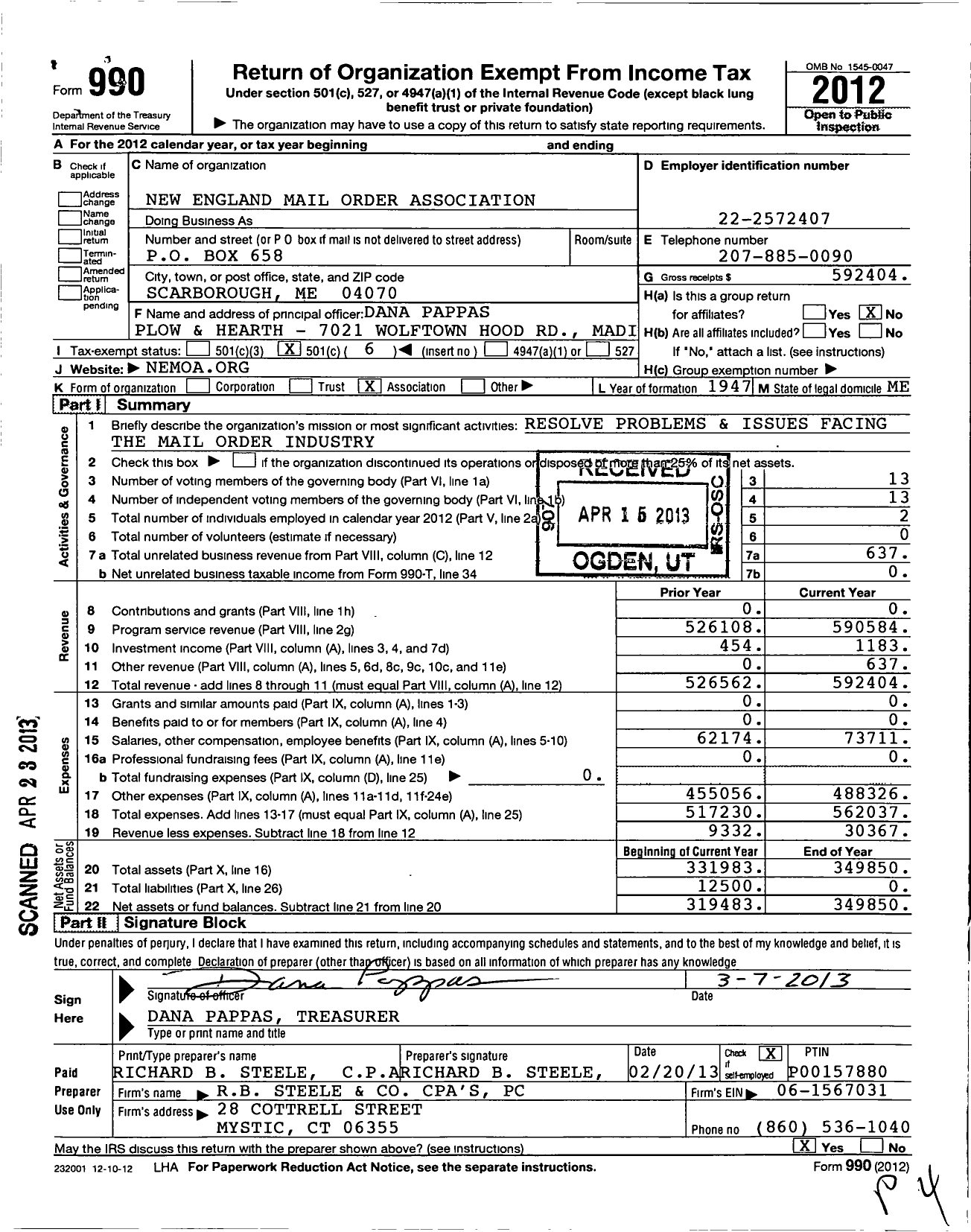 Image of first page of 2012 Form 990O for New England Mail Order Association