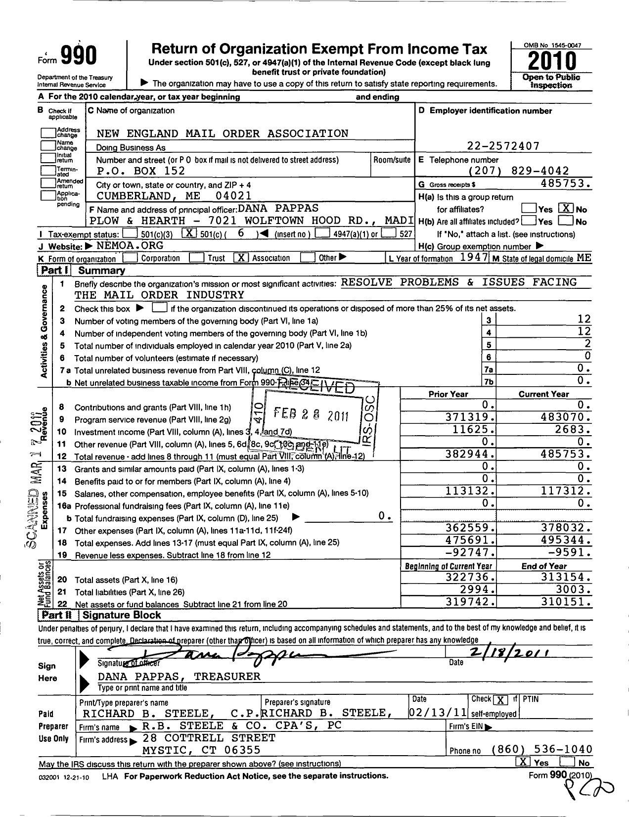 Image of first page of 2010 Form 990O for New England Mail Order Association