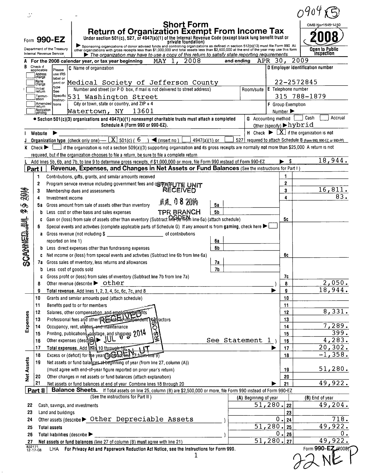 Image of first page of 2008 Form 990EO for Medical Society of Jefferson County