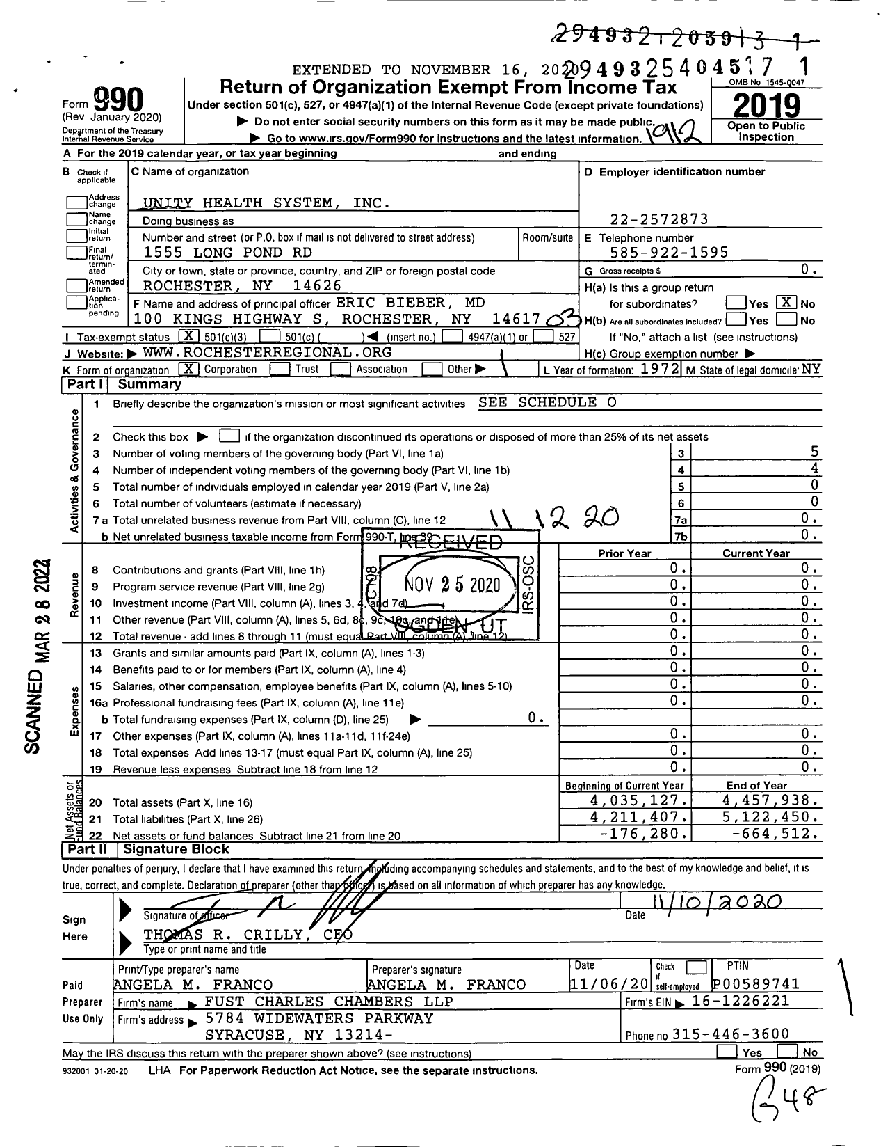 Image of first page of 2019 Form 990 for Unity Health System