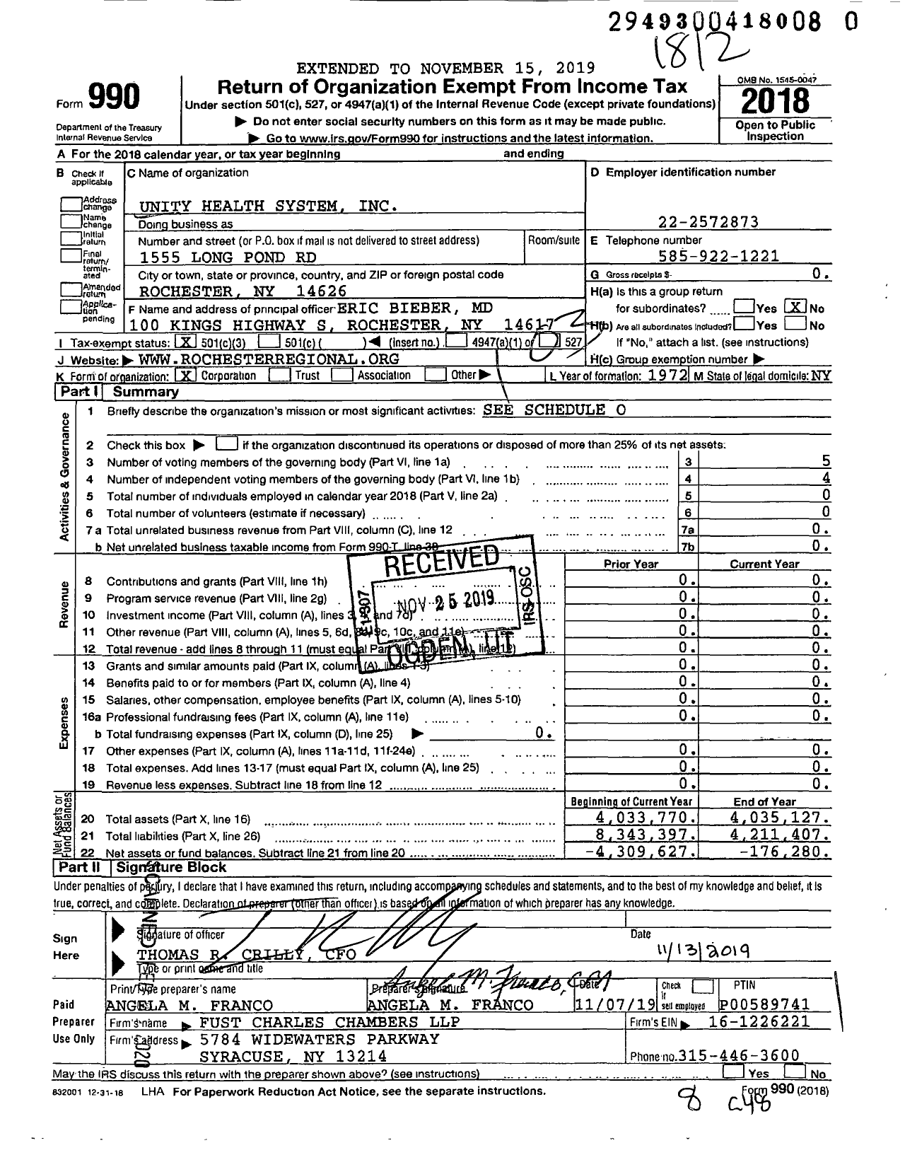 Image of first page of 2018 Form 990 for Unity Health System