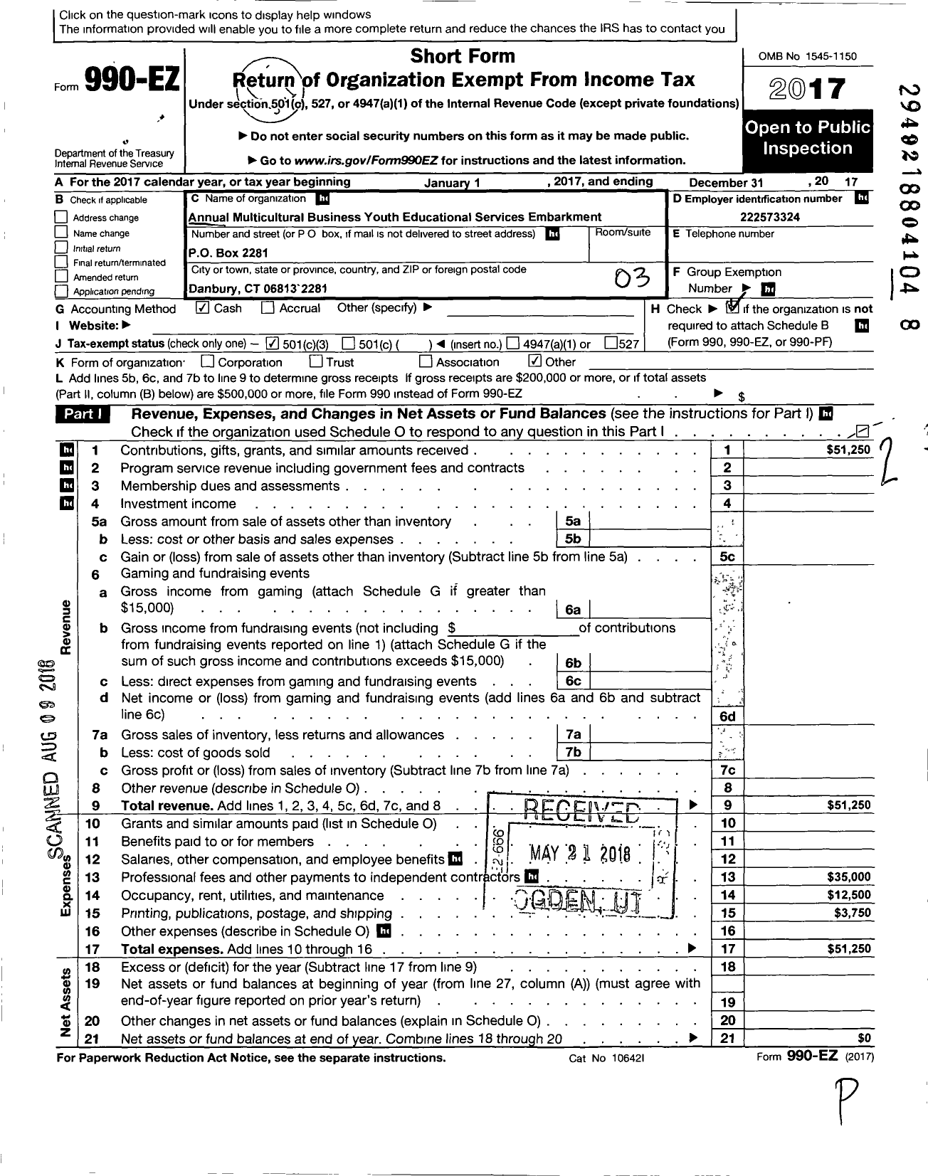 Image of first page of 2017 Form 990EZ for Annual Multicultural Business Youth Educational Services (AMBYESE)