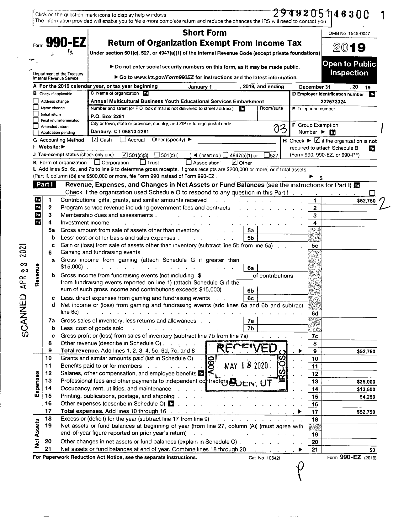 Image of first page of 2019 Form 990EZ for Annual Multicultural Business Youth Educational Services (AMBYESE)