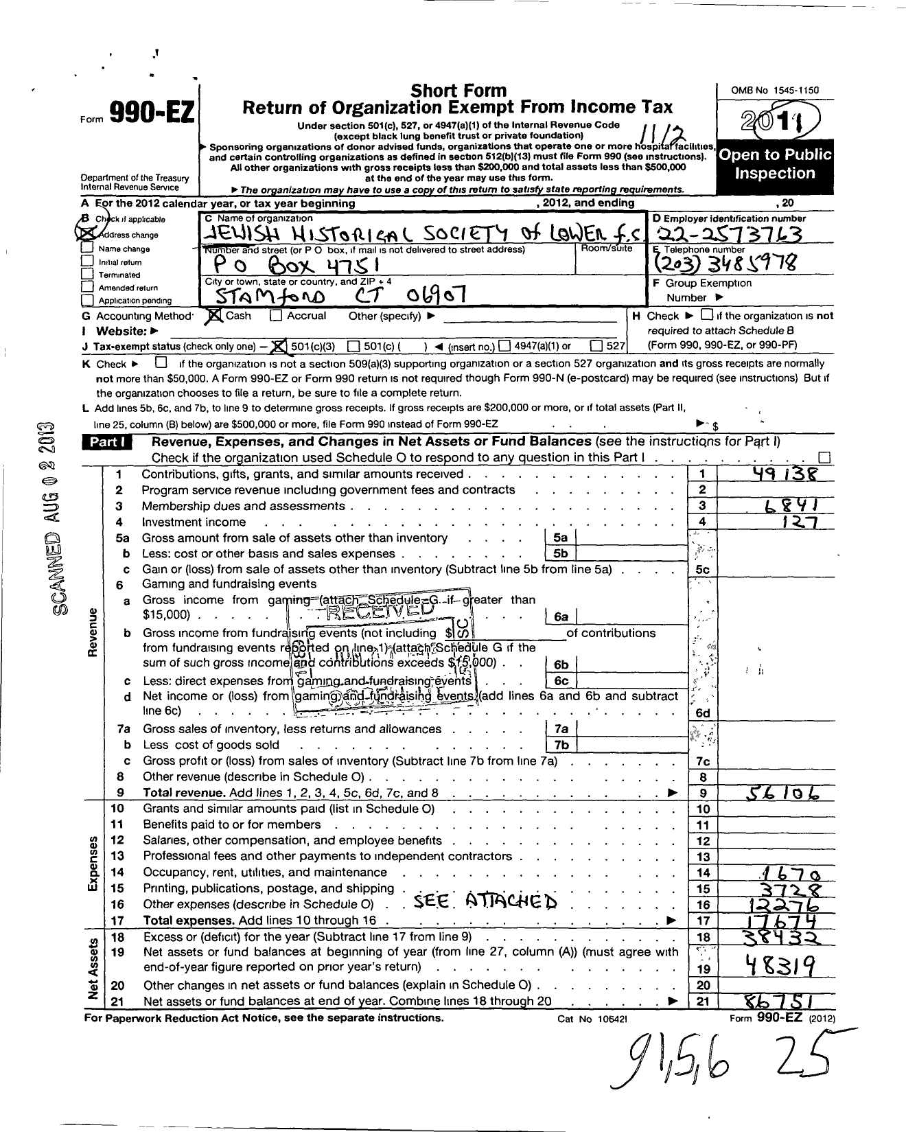 Image of first page of 2011 Form 990EZ for The Jewish Historical Society of Fairfield County