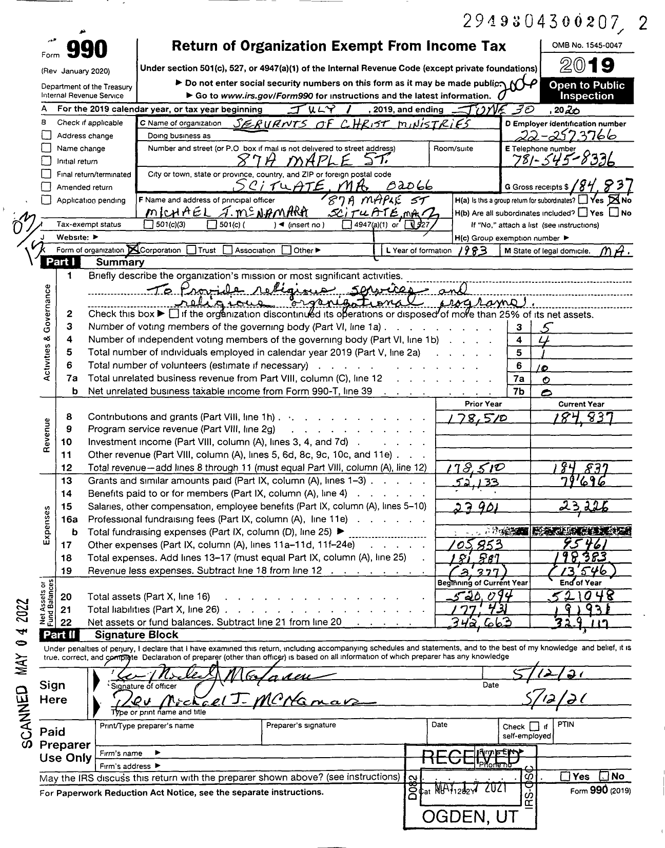 Image of first page of 2019 Form 990 for Servants of Christ Ministries