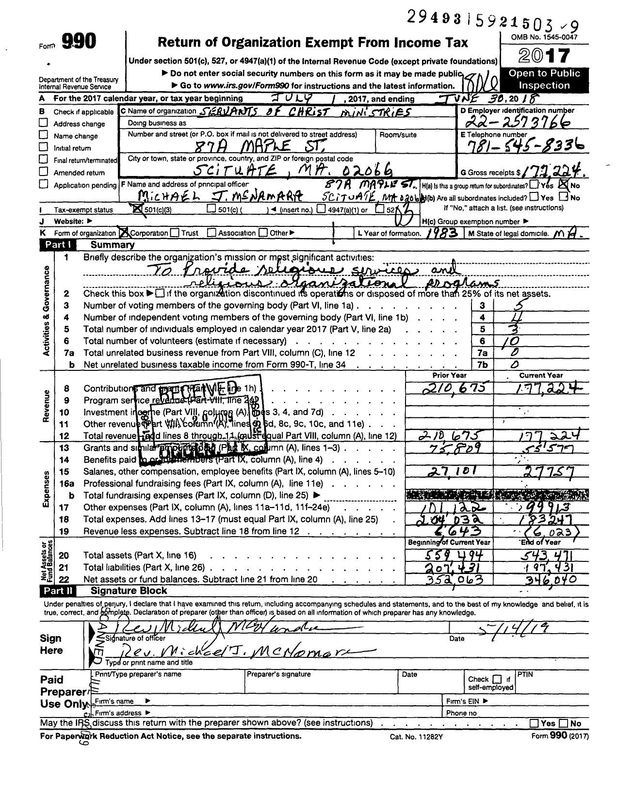 Image of first page of 2017 Form 990 for Servants of Christ Ministries