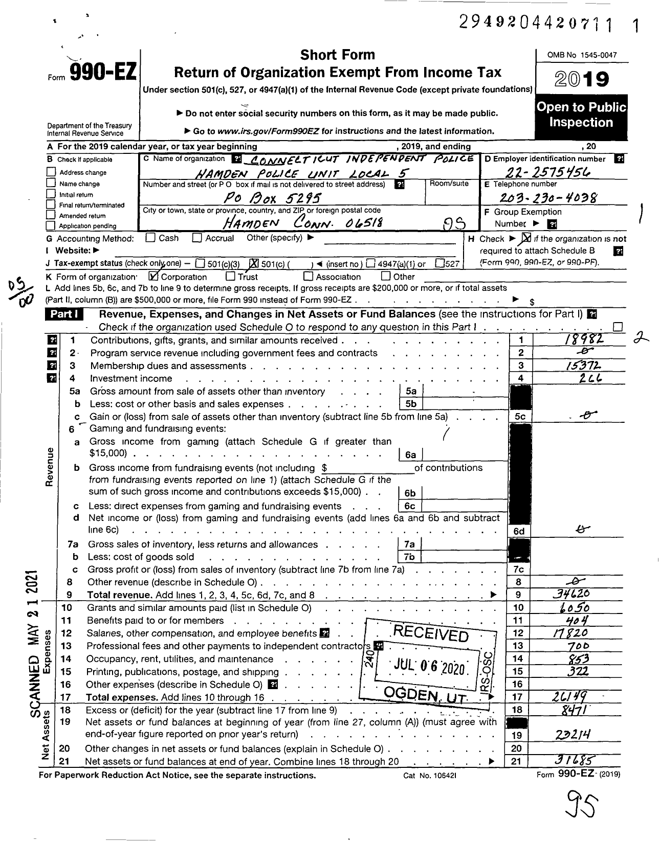 Image of first page of 2019 Form 990EO for Connecticut Independent Police Union