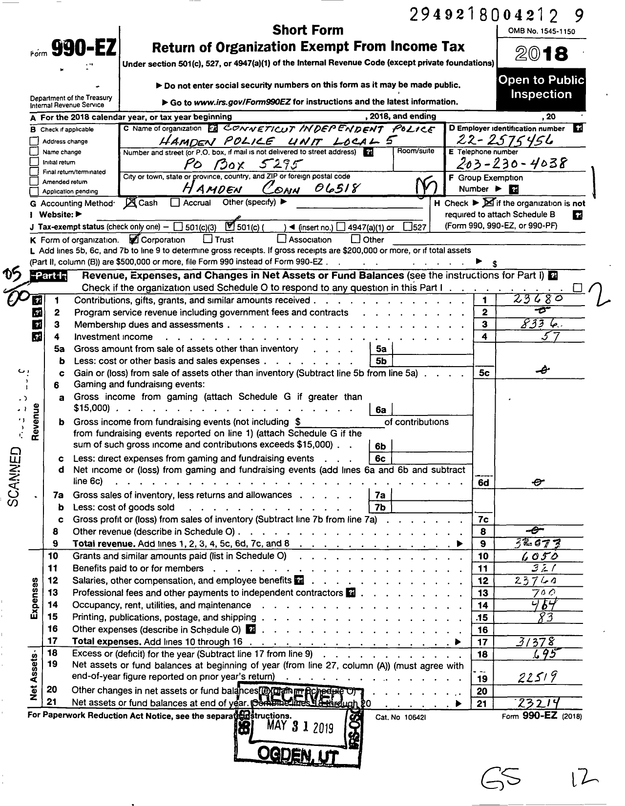 Image of first page of 2018 Form 990EO for Connecticut Independent Police Union