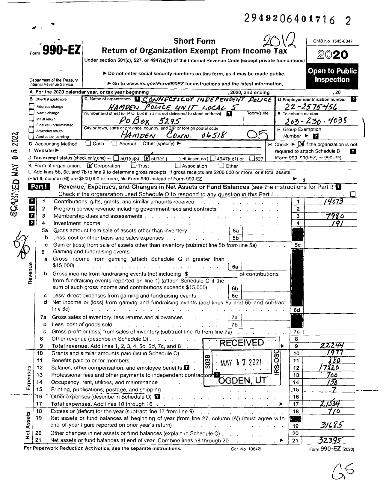 Image of first page of 2020 Form 990EO for Connecticut Independent Police Union