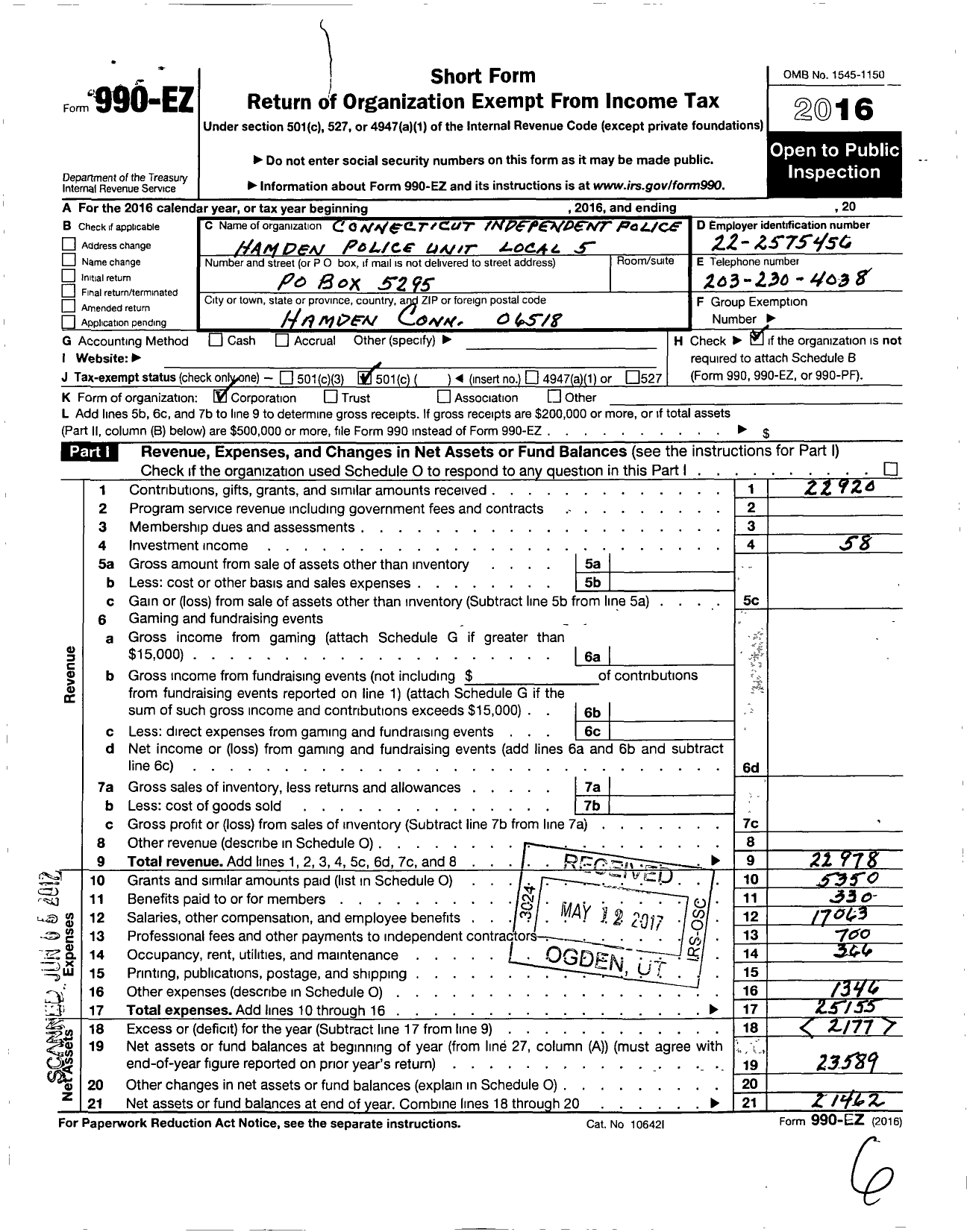 Image of first page of 2016 Form 990EO for Connecticut Independent Police Union