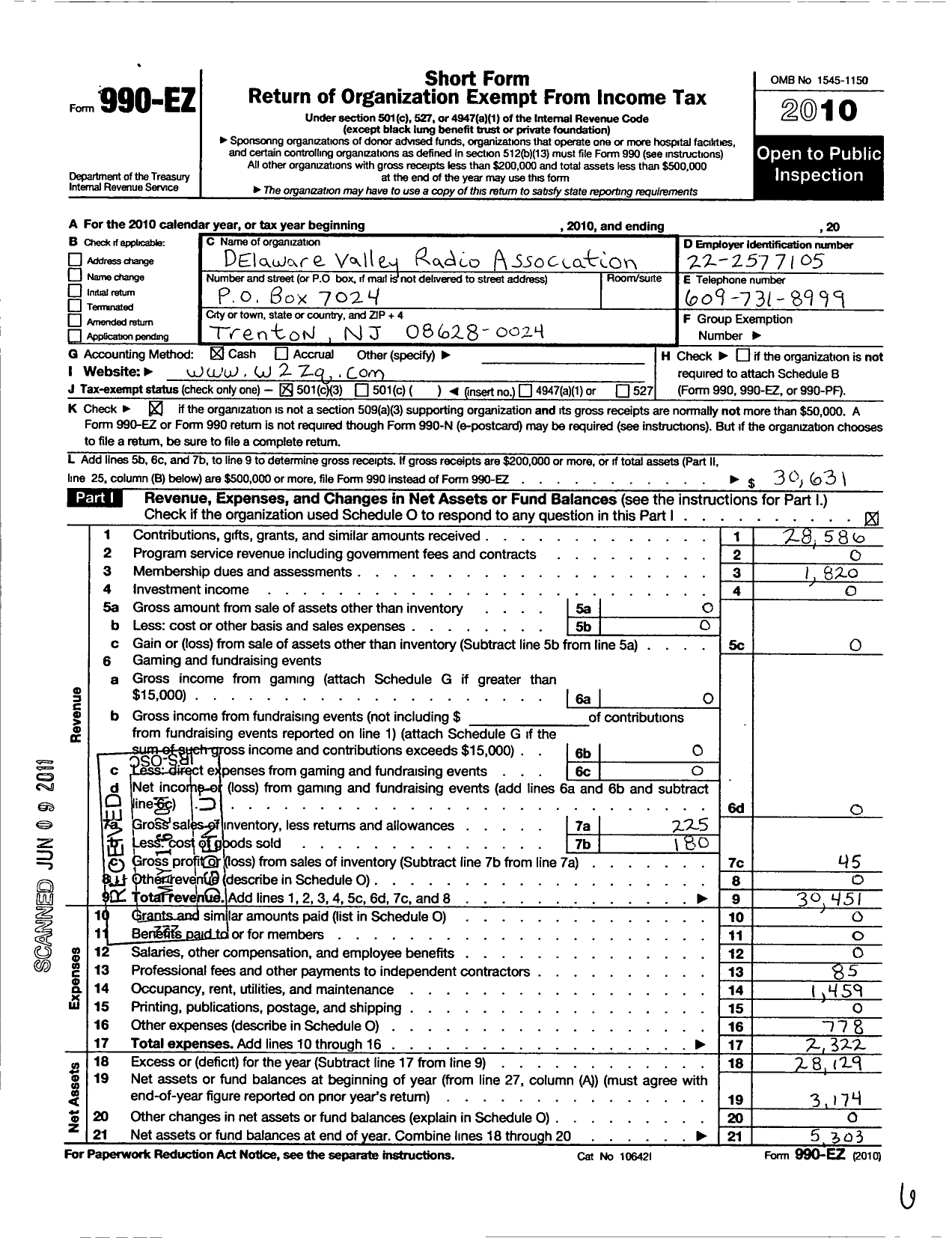 Image of first page of 2010 Form 990EZ for Delaware Valley Radio Association