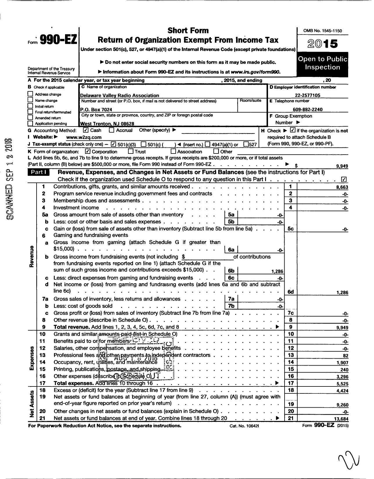 Image of first page of 2015 Form 990EZ for Delaware Valley Radio Association