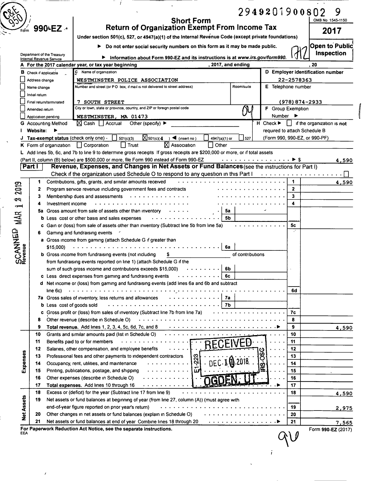 Image of first page of 2017 Form 990EO for Westminster Police Association