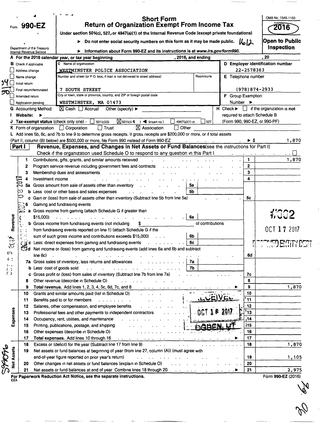 Image of first page of 2016 Form 990EO for Westminster Police Association