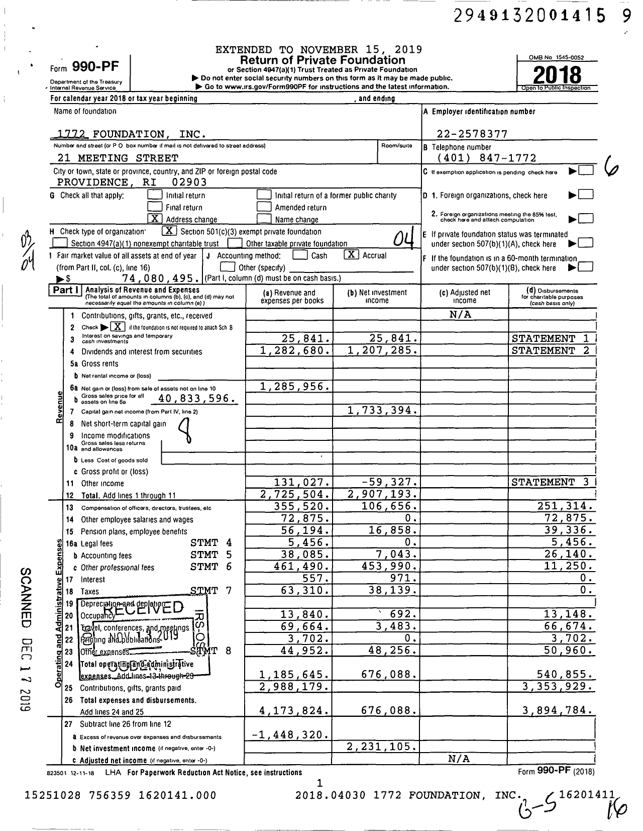 Image of first page of 2018 Form 990PF for 1772 Foundation