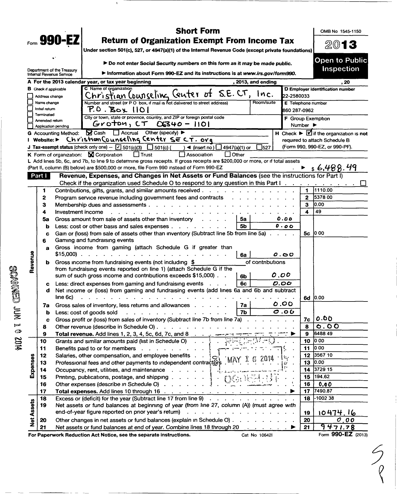 Image of first page of 2013 Form 990EZ for Christian Counselling Center of Southeastern Connecticut