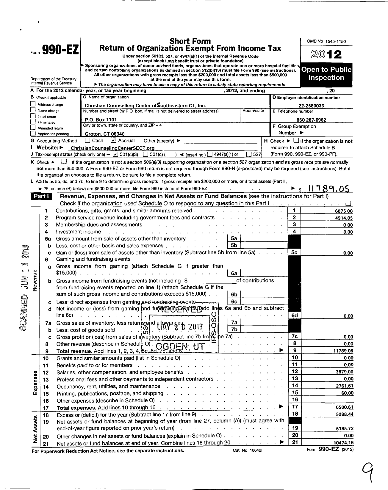 Image of first page of 2012 Form 990EZ for Christian Counselling Center of Southeastern Connecticut