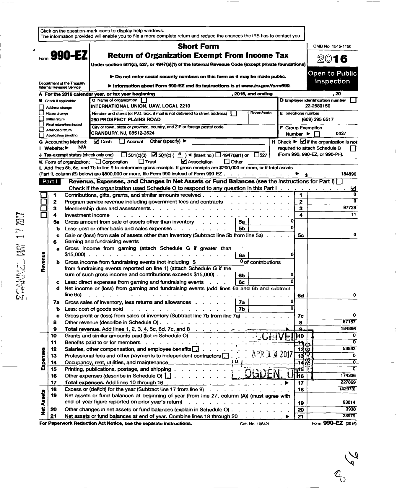 Image of first page of 2016 Form 990EO for Uaw - Local 2210